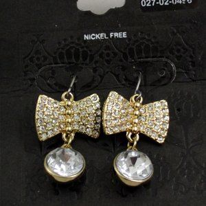 Pierced Dangling Earrings Goldtone Bow Setting w/ Clear Rhinestones